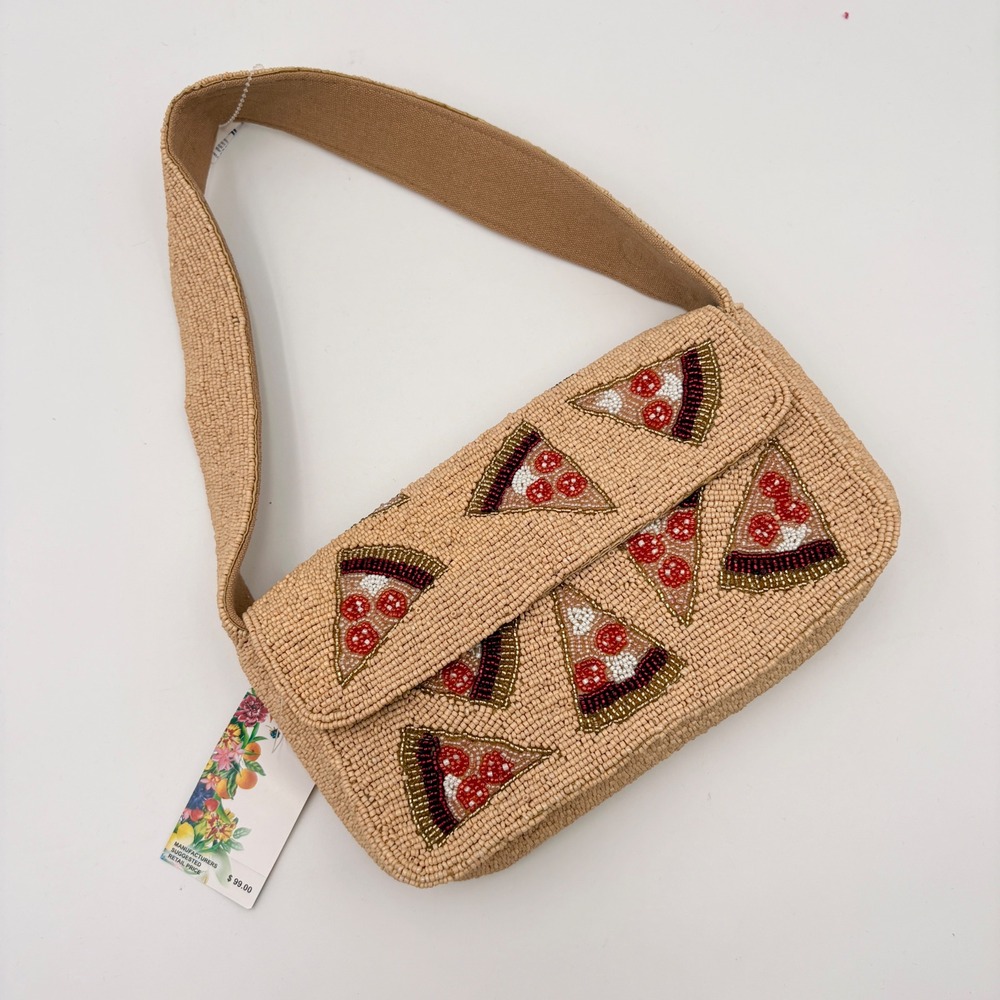 Express Edit Tan Beaded Pizza Slice Shoulder Bag Novelty Baguette Purse NWT